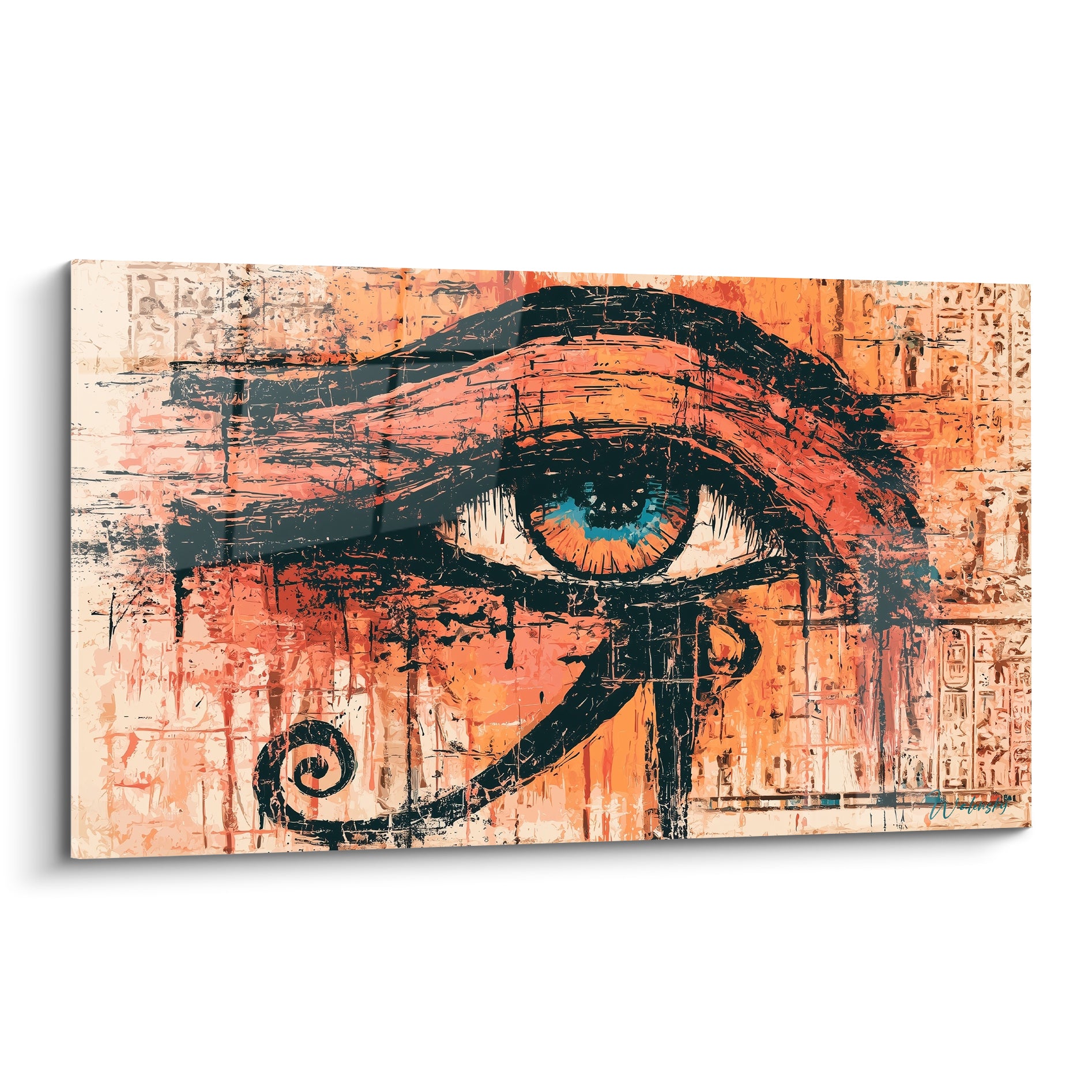 Œil d'Horus terracotta et noir aux détails turquoise sur fond de hiéroglyphes ocre