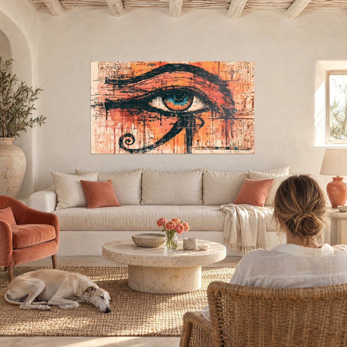 Wall art Eye of Horus with flowing black lines on coral orange background, turquoise iris, above a sofa in a bright living room