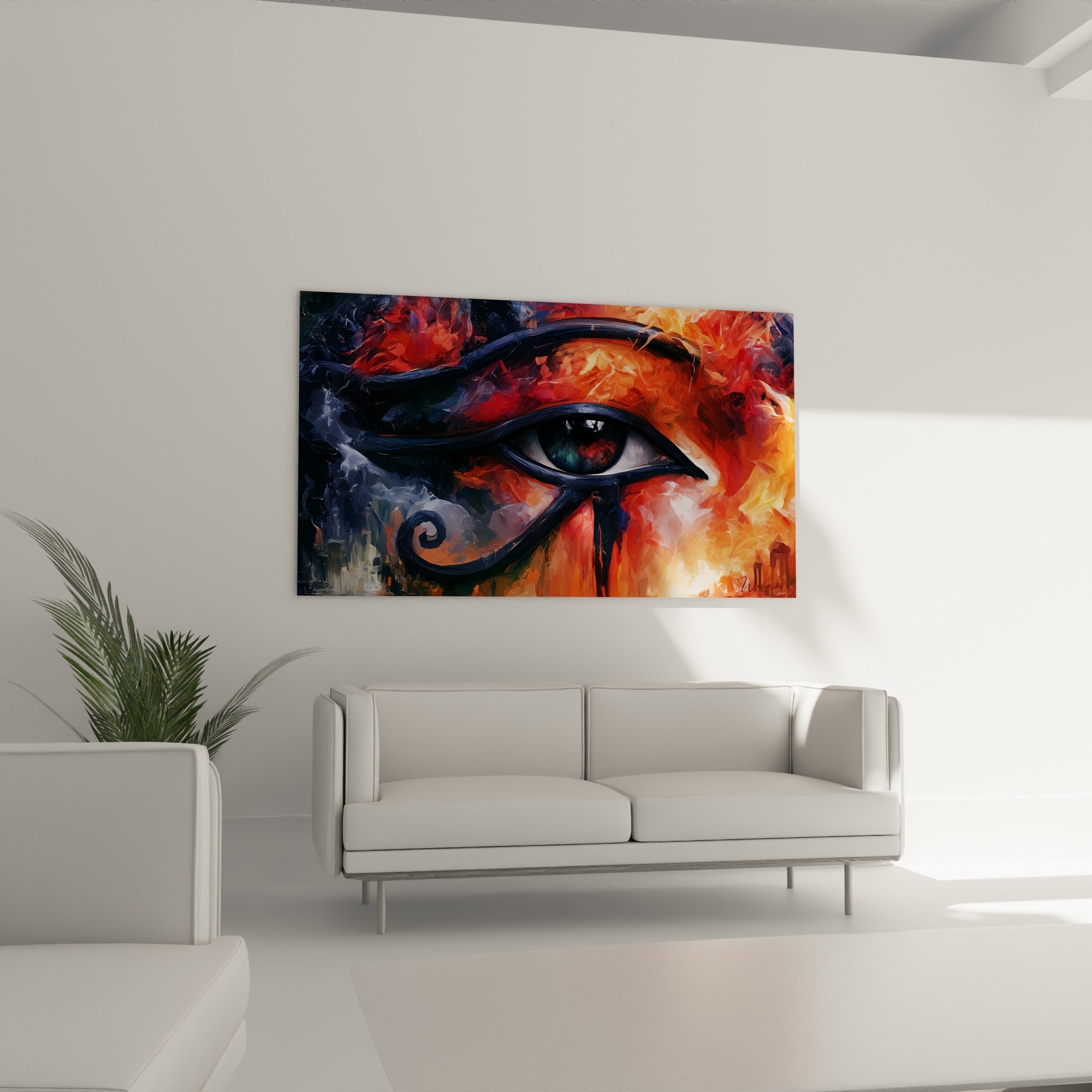 Motif de l'œil d'Horus flamboyant en orange et bleu nuit au-dessus d'un canapé dans un salon lumineux