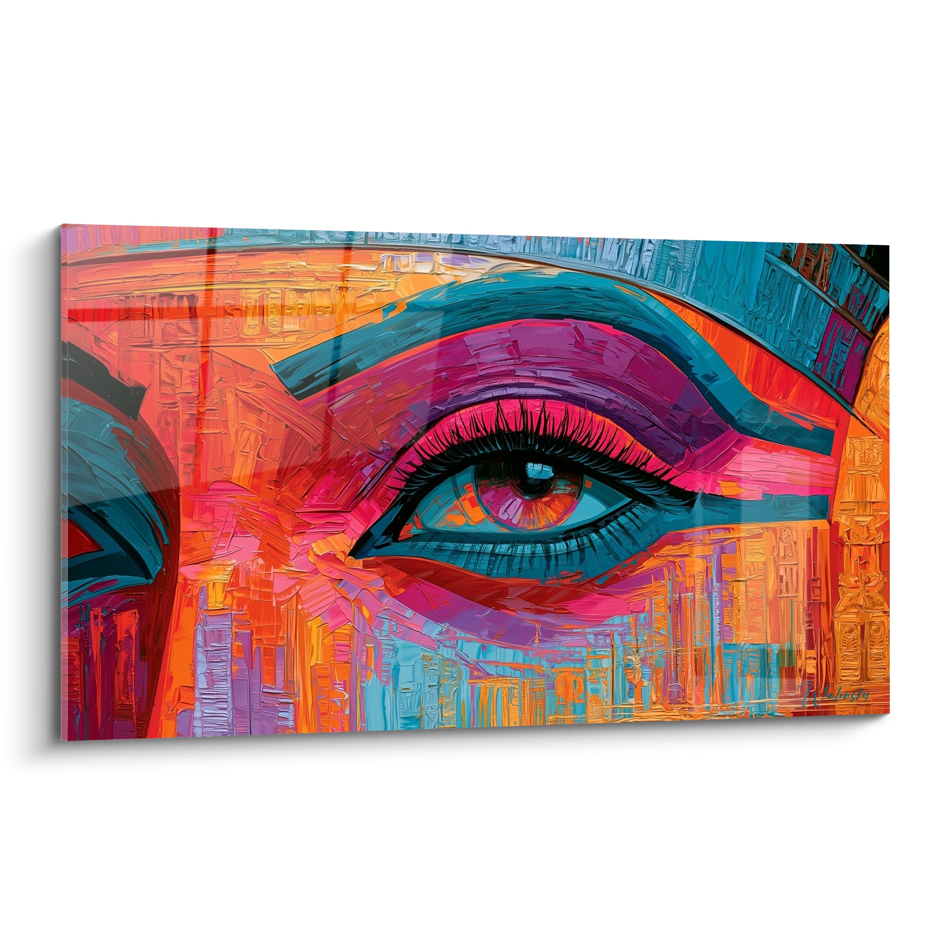 Œil égyptien peint en orange et turquoise, maquillage khôl noir, style pictural texturé