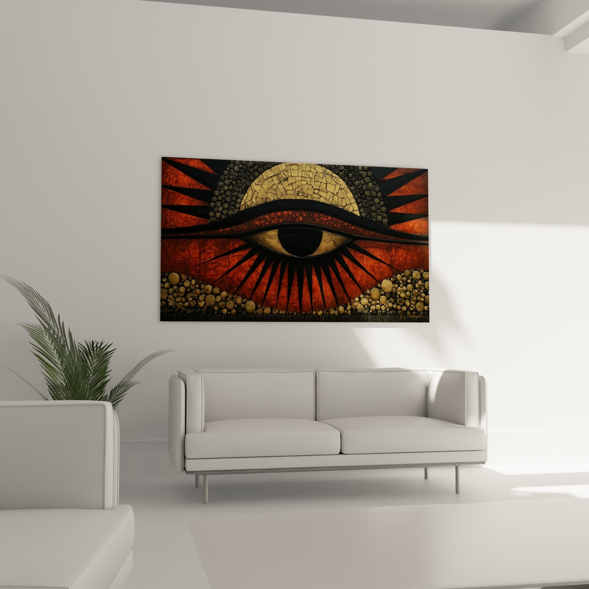 Symbole égyptien terracotta et or accroché au-dessus d'un canapé dans un salon lumineux