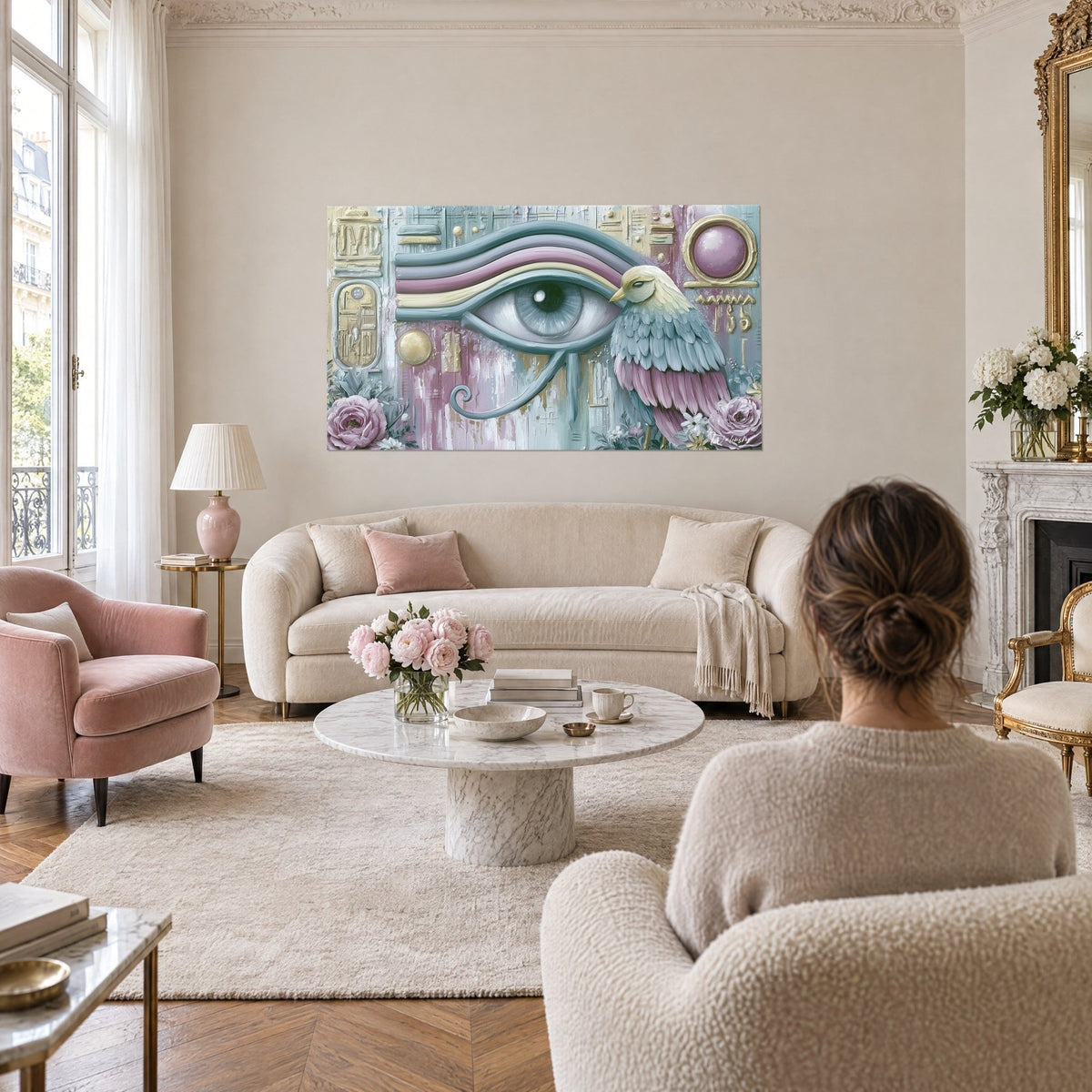 Schilderij Oog van Horus met mauve en pastelblauwe banden, vogel op een tak en rozen, van achteren gezien door een vrouw boven een bank in een lichte woonkamer