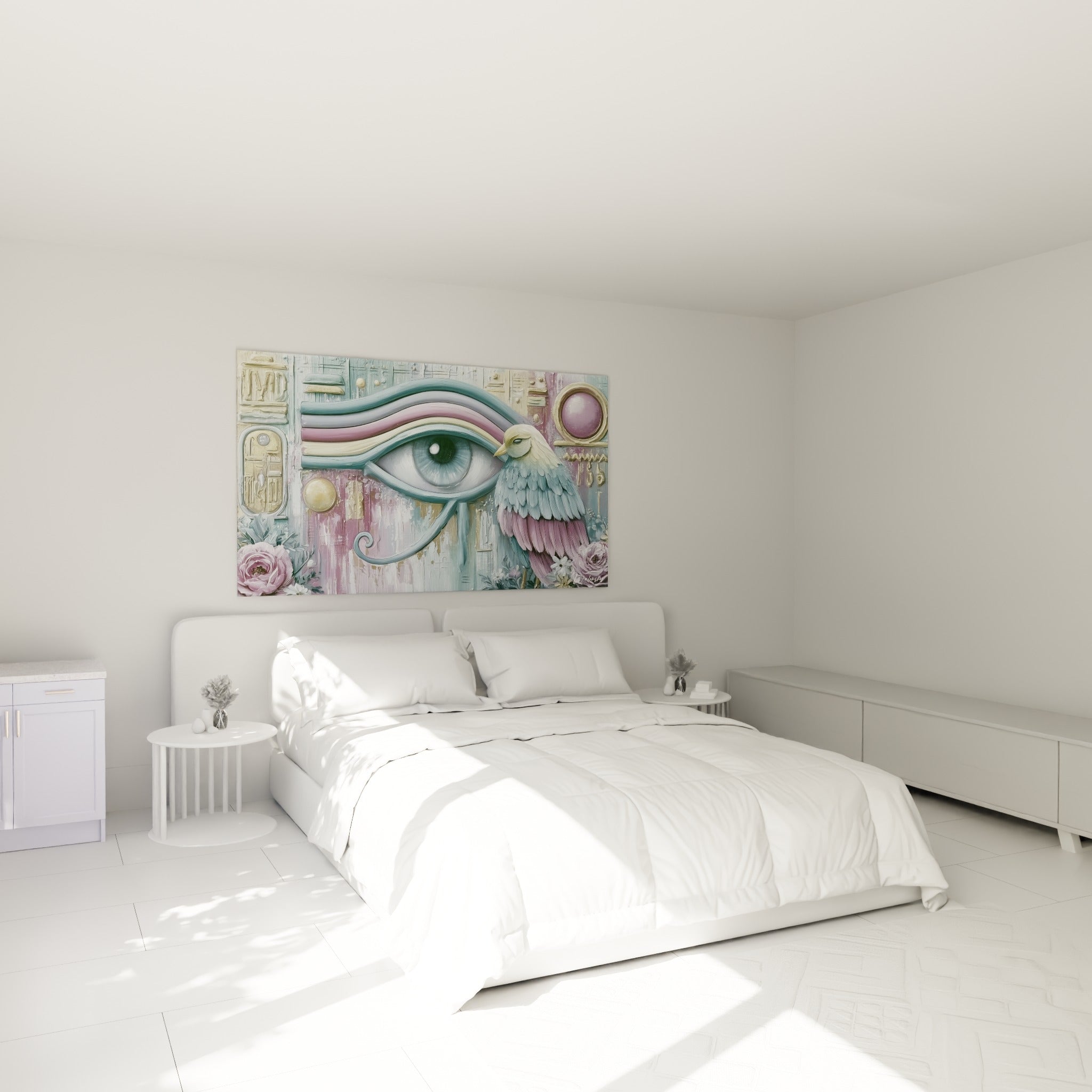 Symbole égyptien rose et doré représenté au-dessus d'un lit dans une chambre claire