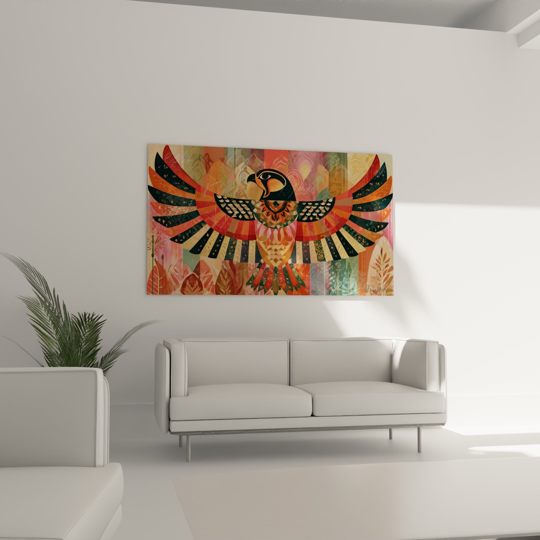 Oiseau égyptien doré et rose poudré positionné au-dessus d'un canapé dans un salon lumineux