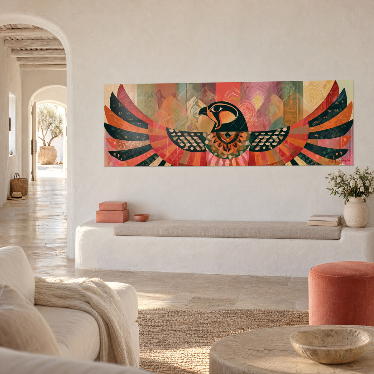 Wall art Egyptian effigy of a raptor with vermilion and coral feathers, three-quarter view on the wall of a white house