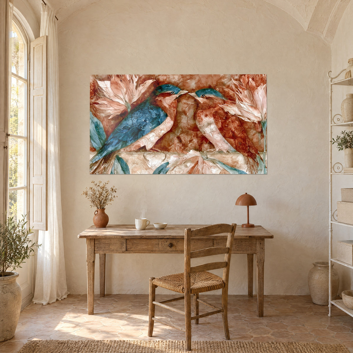 Tableau duo d'oiseaux bleu cobalt et cuivre, feuillage sauge froissé, accroché au-dessus d'un bureau en bois clair