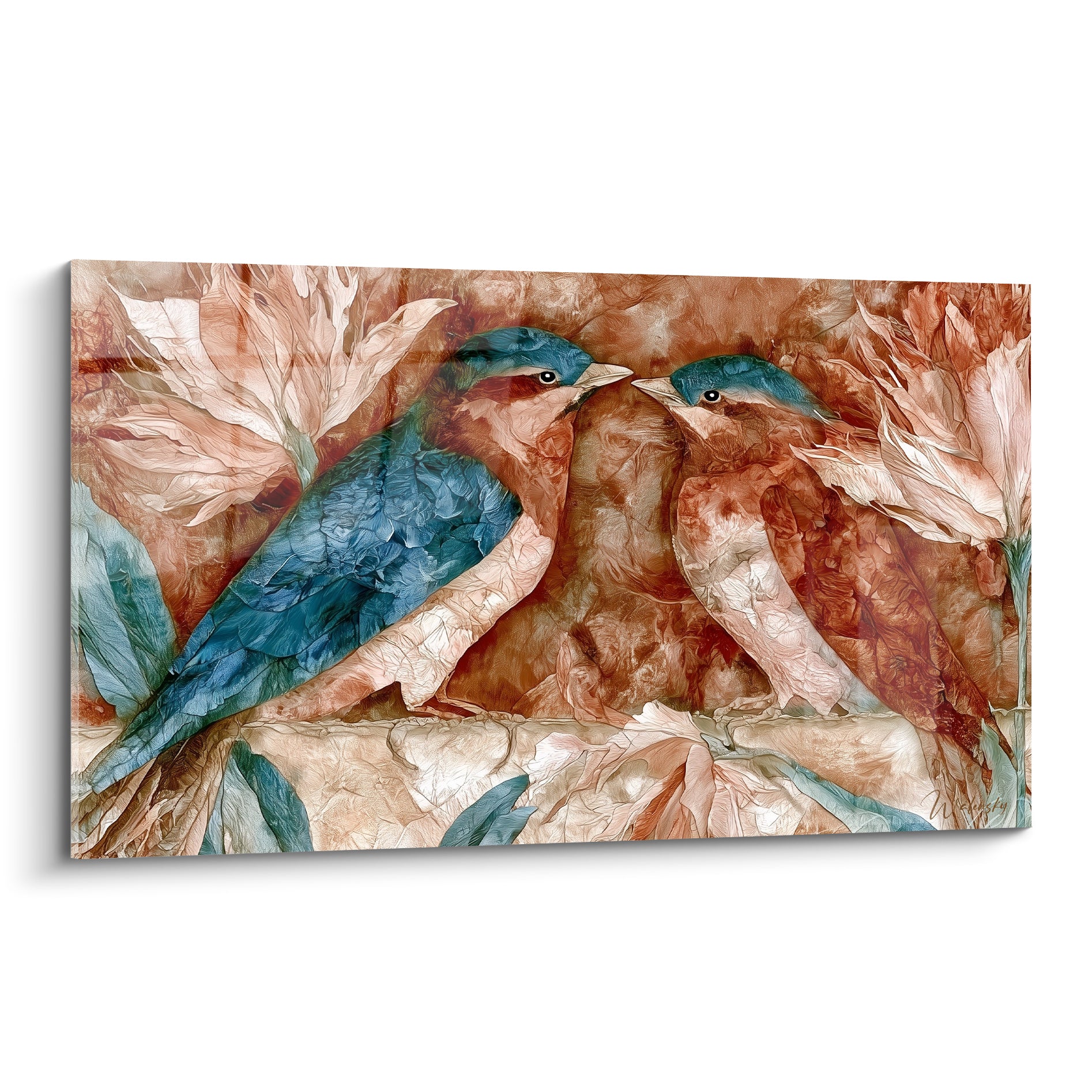 Deux oiseaux bleu pétrole et terracotta se font face, plumage texturé façon papier froissé