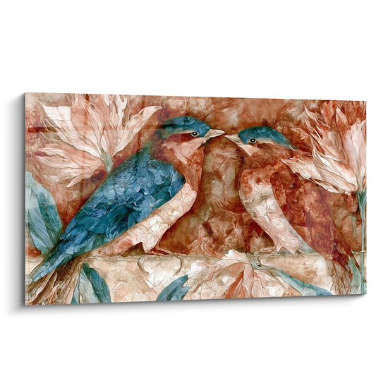 Deux oiseaux bleu pétrole et terracotta se font face, plumage texturé façon papier froissé
