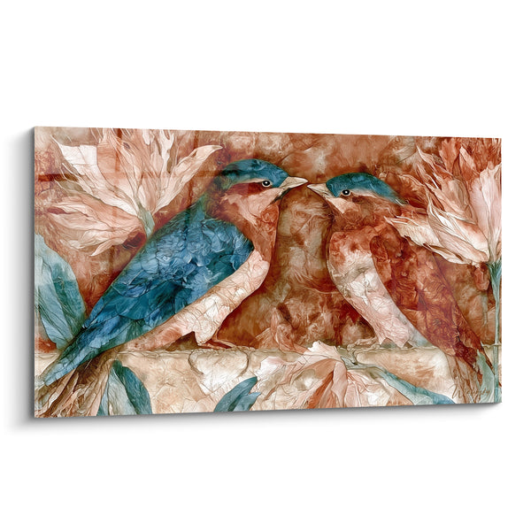 Tableau Oiseaux bleu et brique posés sur branche - Feuillage texturé et bec effilé - Edition egypte
