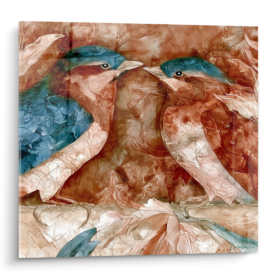 Oiseaux bleu marine et terracotta face à face, texture peinte façon papier froissé, style égyptien