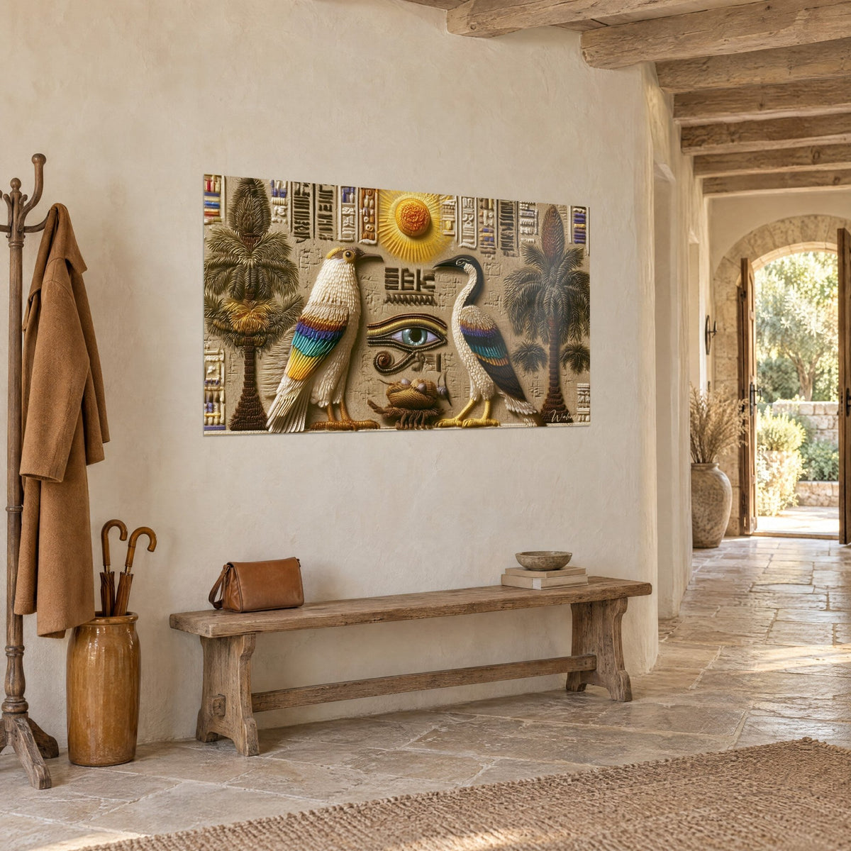 Schilderij geborduurde Egyptische fresco, groene palmbomen en bruine hiërogliefen, aan de gepleisterde muur van een stenen hal