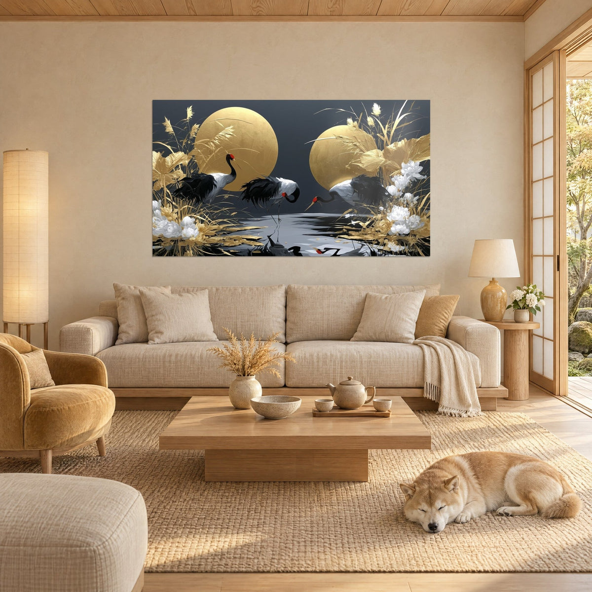 Wall art of three red-crowned cranes beneath golden moons, black and white feathers, a Shiba lying above a sofa in a bright living room