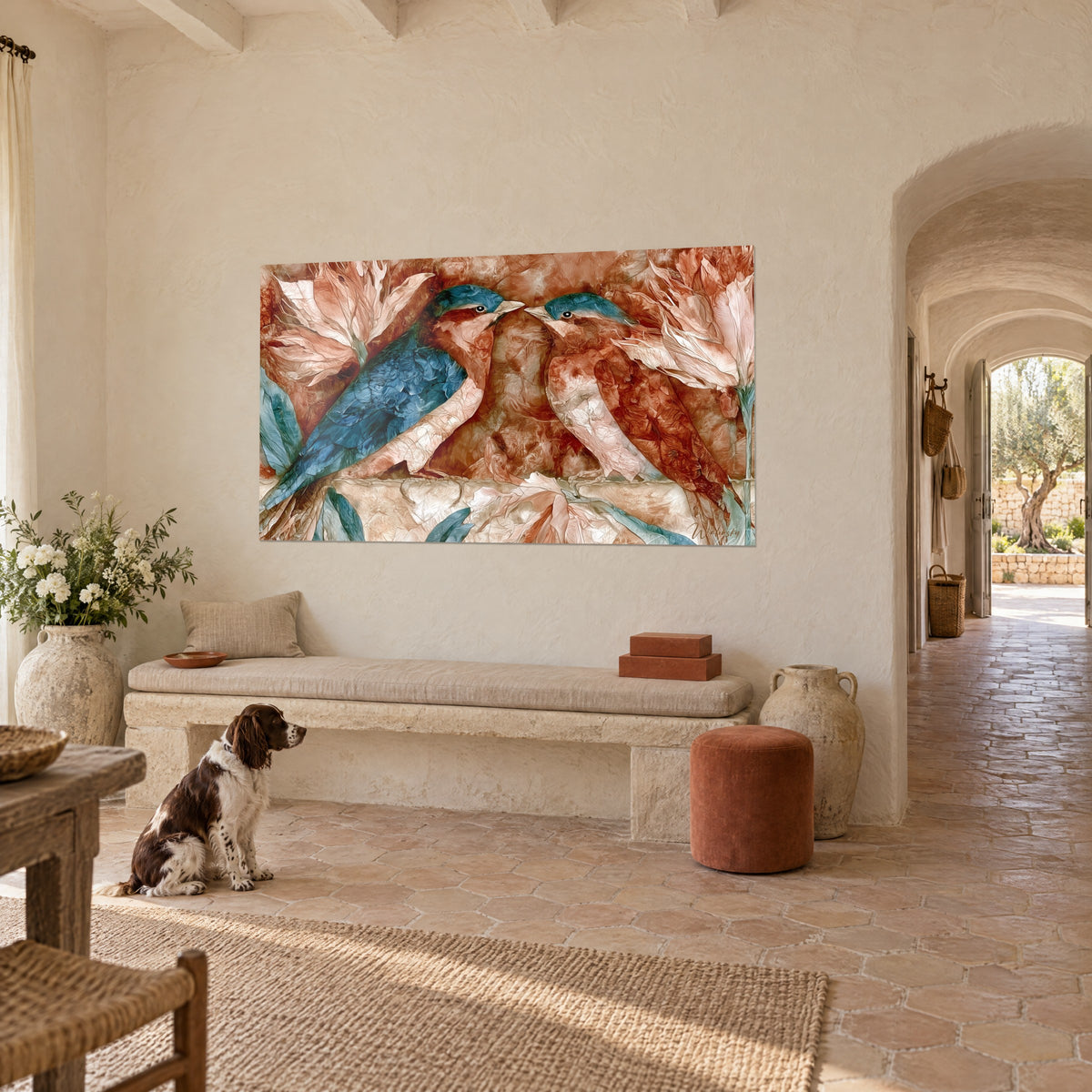 Tableau deux oiseaux au dos turquoise et poitrail roux, fleurs poudrées en fond, mur crème d'un mas provençal