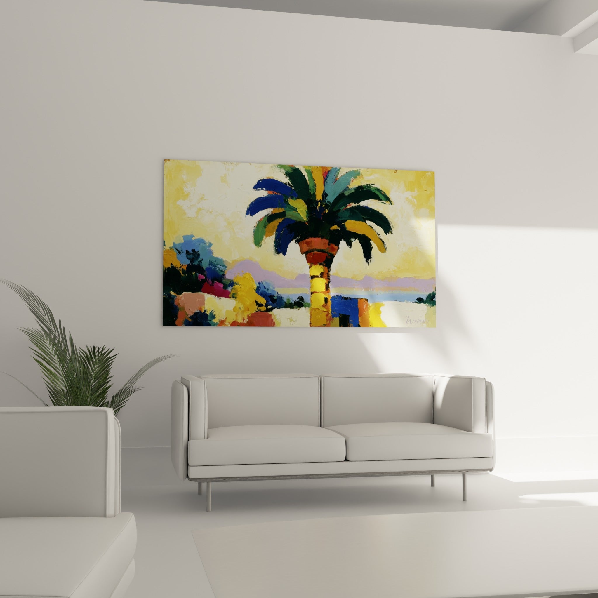 Palmes vert profond et bleu marine du tableau égypte, disposées au-dessus d'un canapé dans un salon lumineux