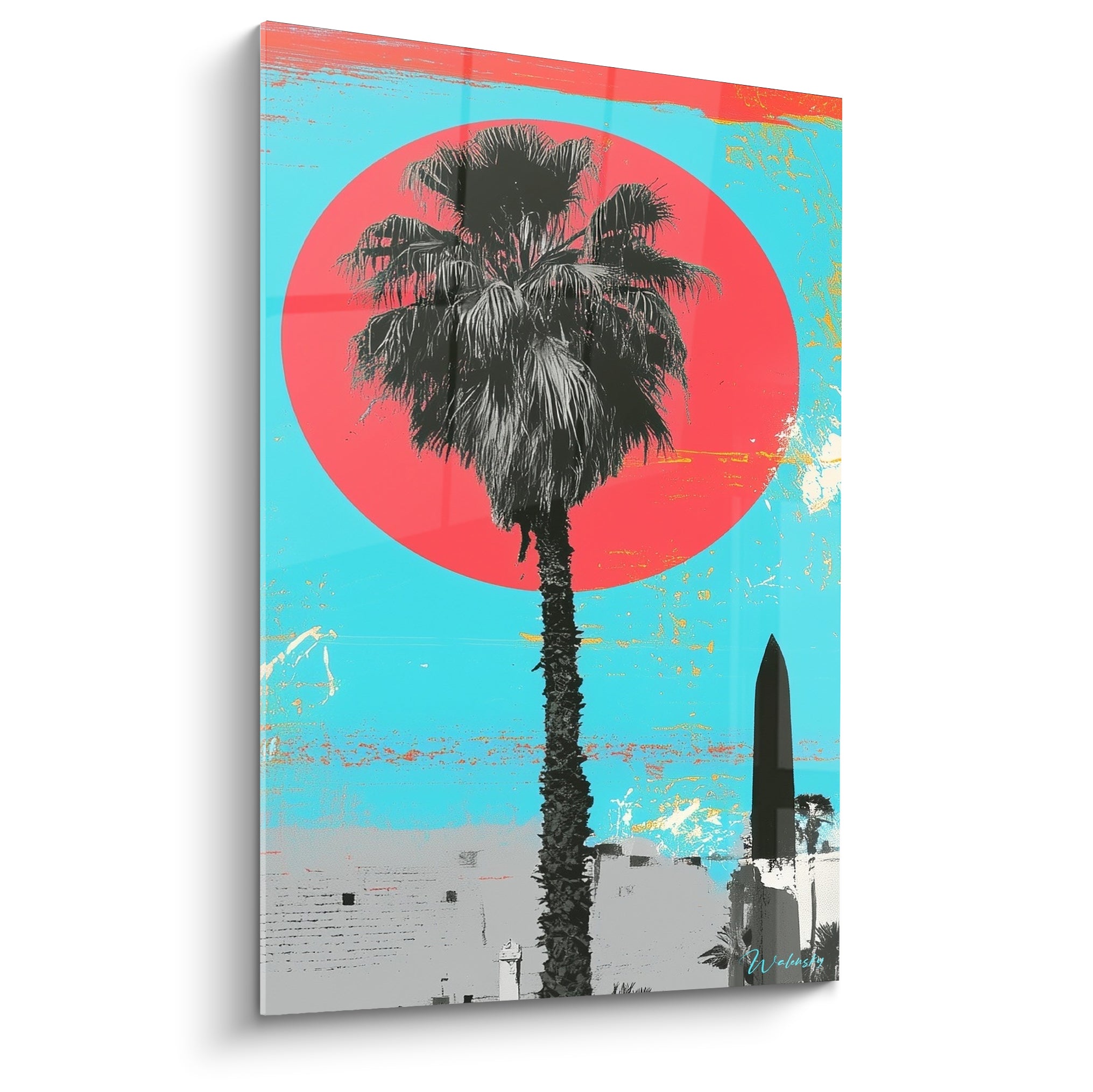 Palmier noir devant un soleil corail sur ciel turquoise, tableau égypte au style graphique affiché.