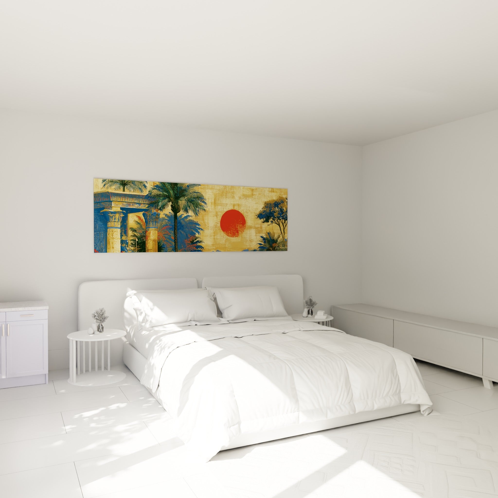 Palmiers bleu pétrole et soleil rouge du tableau égypte au-dessus d'un lit dans une chambre claire