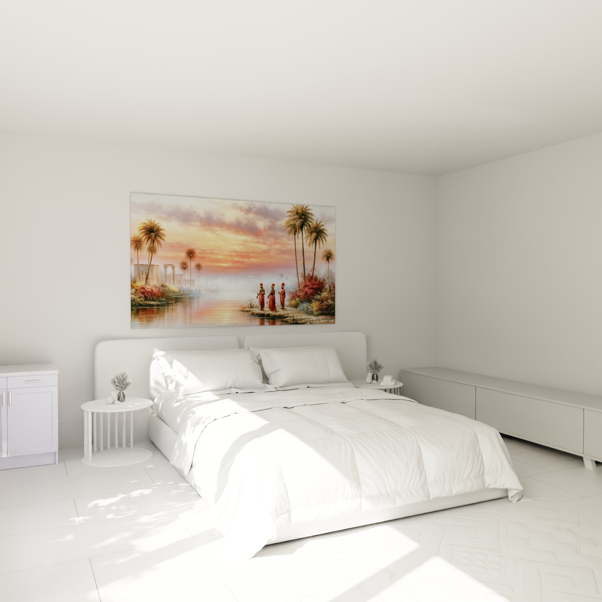 Fleuve égyptien aux teintes rose et orange, palmiers dorés, au-dessus d'un lit dans une chambre claire