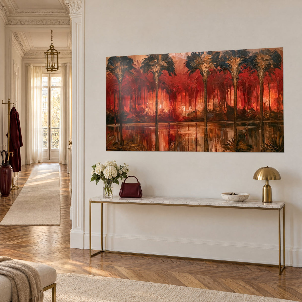 Wall art blazing oasis with dark palm trees, orange sky and copper water mirror, hung at three-quarter view in the entrance hall