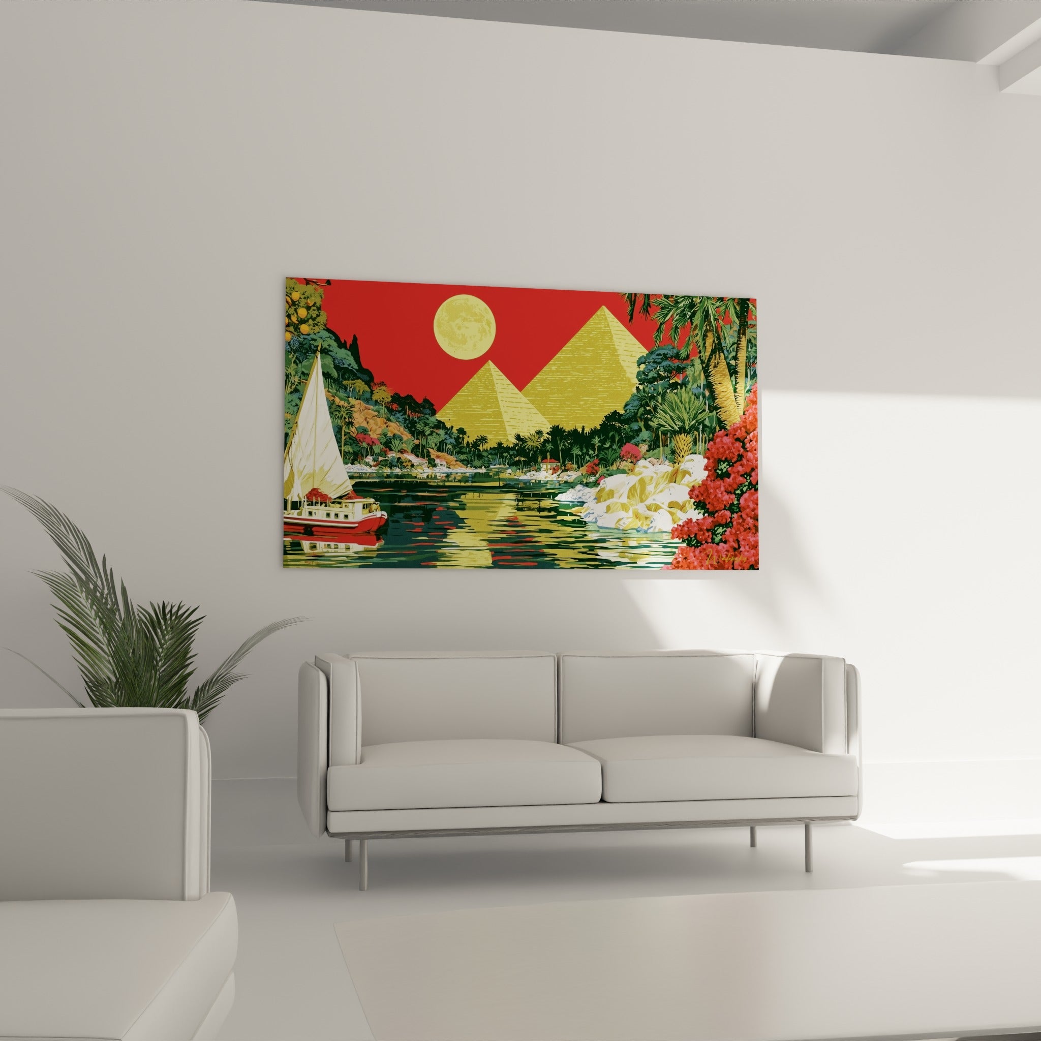 Palmiers verts et fleurs rouges encadrant les pyramides égypte, au-dessus d'un canapé dans un salon lumineux
