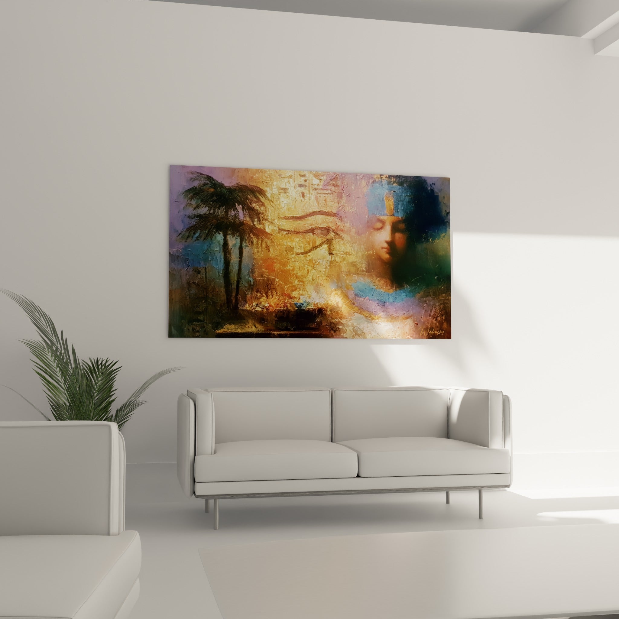 Palmiers sombres et hiéroglyphes ocre encadrent l'œil d'Horus au-dessus d'un canapé dans un salon lumineux