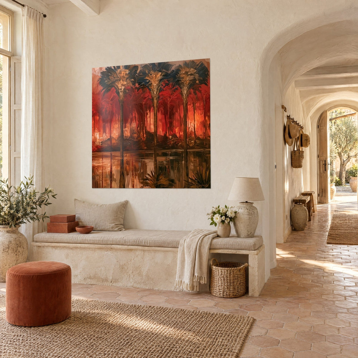 Wall art Nile oasis with slender trunks, midnight-blue foliage and blazing red sky, in a vaulted hallway of the Provençal farmhouse
