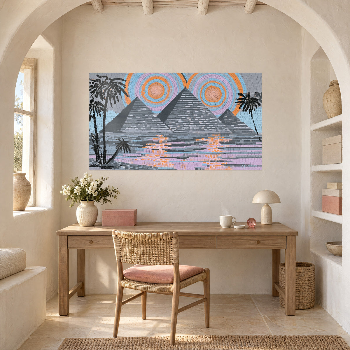 Schilderij zwarte palmbomen voor piramides van grijze tegels, oranje en hemelsblauwe zonnen, boven een bureau van licht hout