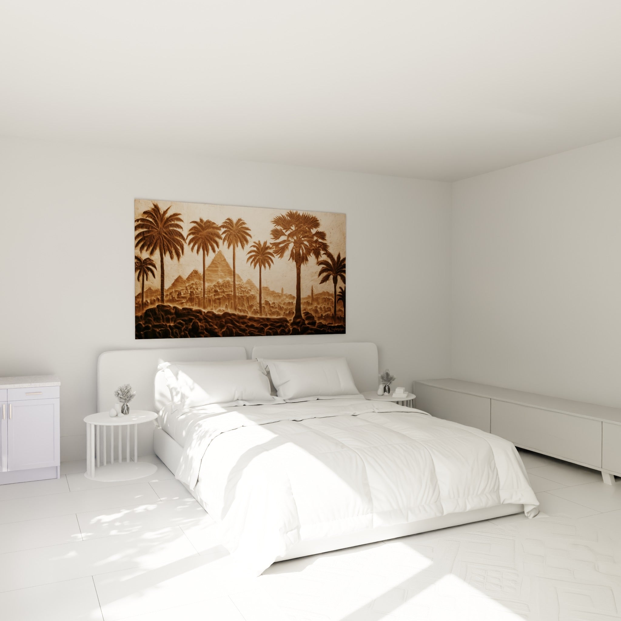 Palmiers et pyramides égypte ocre et brun accrochés au-dessus d'un lit dans une chambre claire