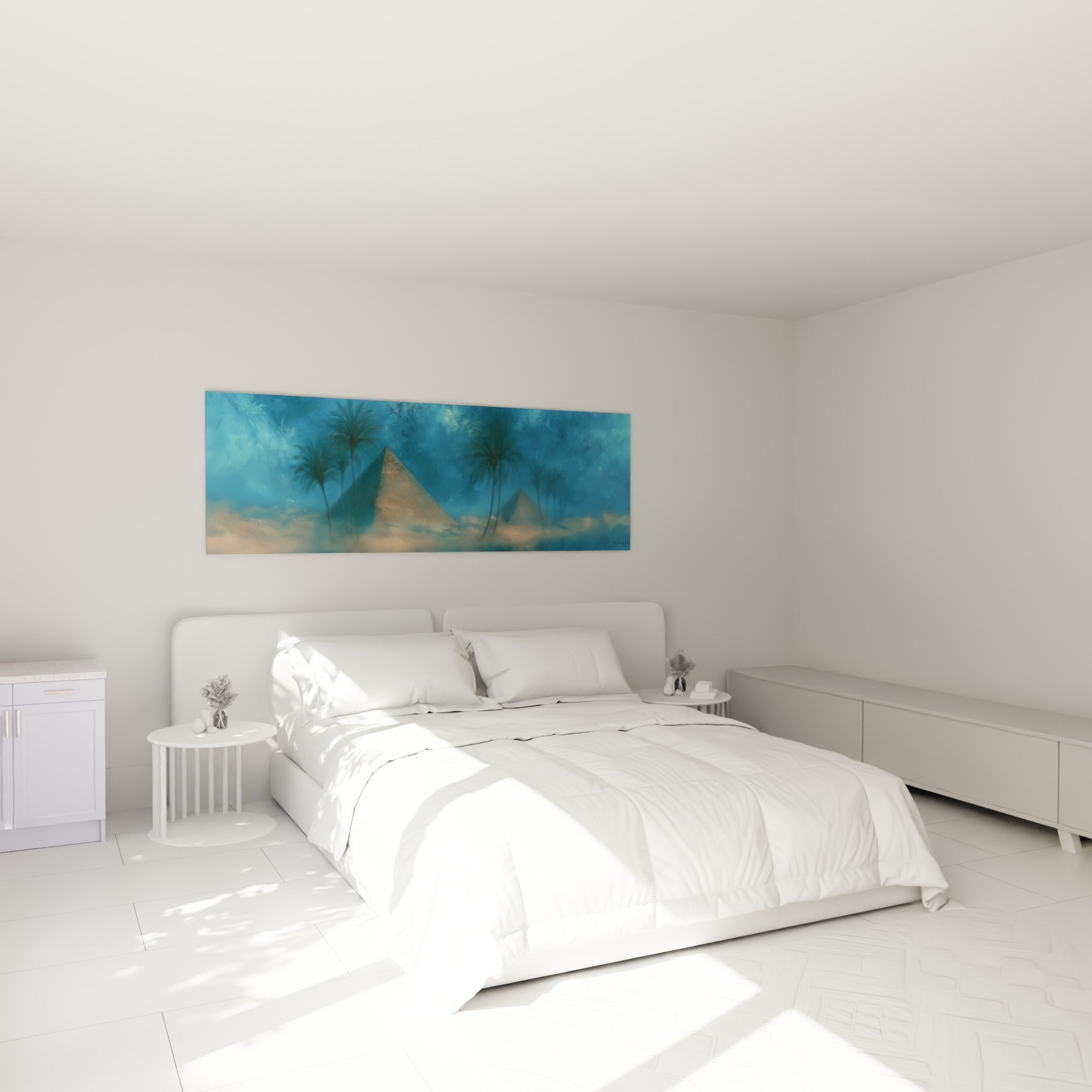 Palmiers et pyramides égypte bleu marine et doré au-dessus d'un lit dans une chambre claire