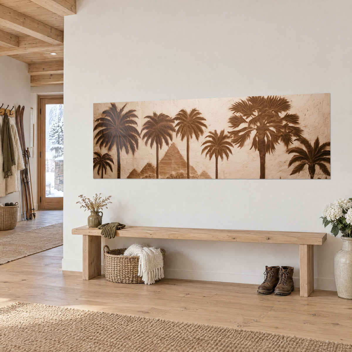 Wall art panoramic Egyptian oasis, chocolate palm trees standing before three sand-ochre pyramids, on a white chalet wall