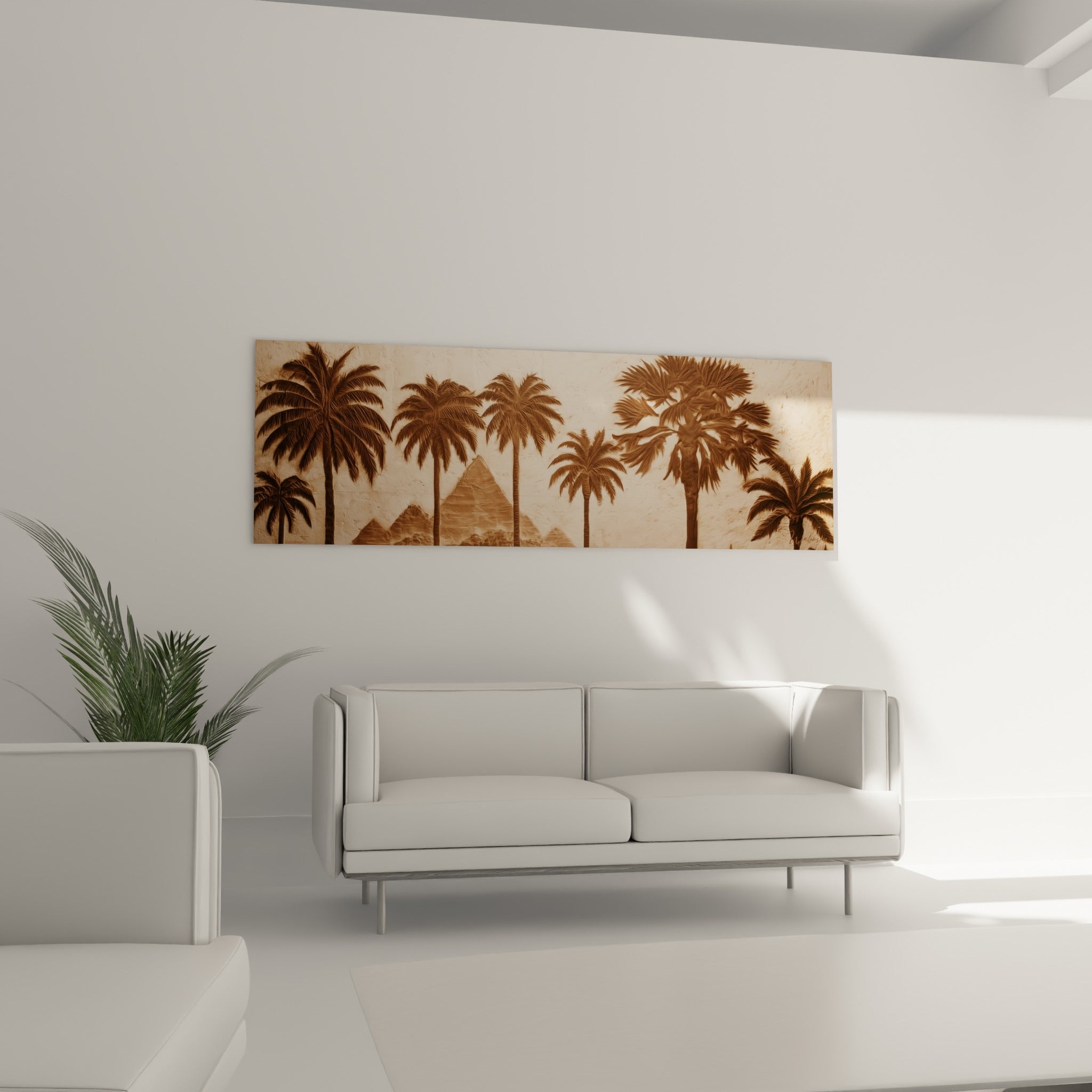 Silhouettes de palmiers bruns devant pyramides beiges au-dessus d'un canapé dans un salon lumineux