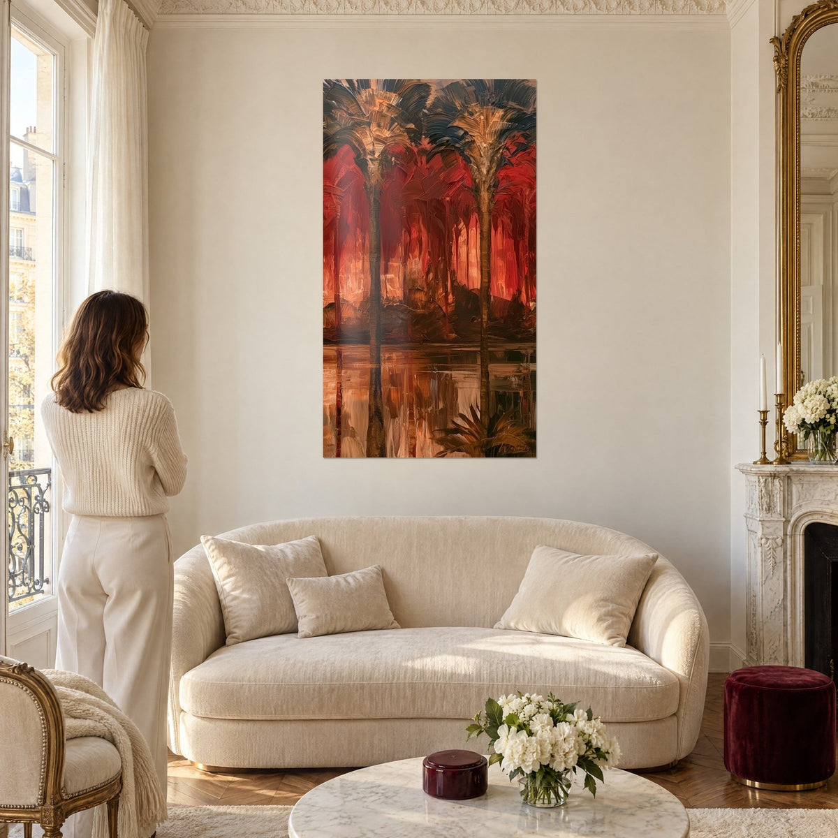 Schilderij palmbomen met donkere stammen tegen een karmijnrode hemel, okerkleurige weerspiegelingen in het water, vrouw van achteren, boven een bank in een lichte woonkamer