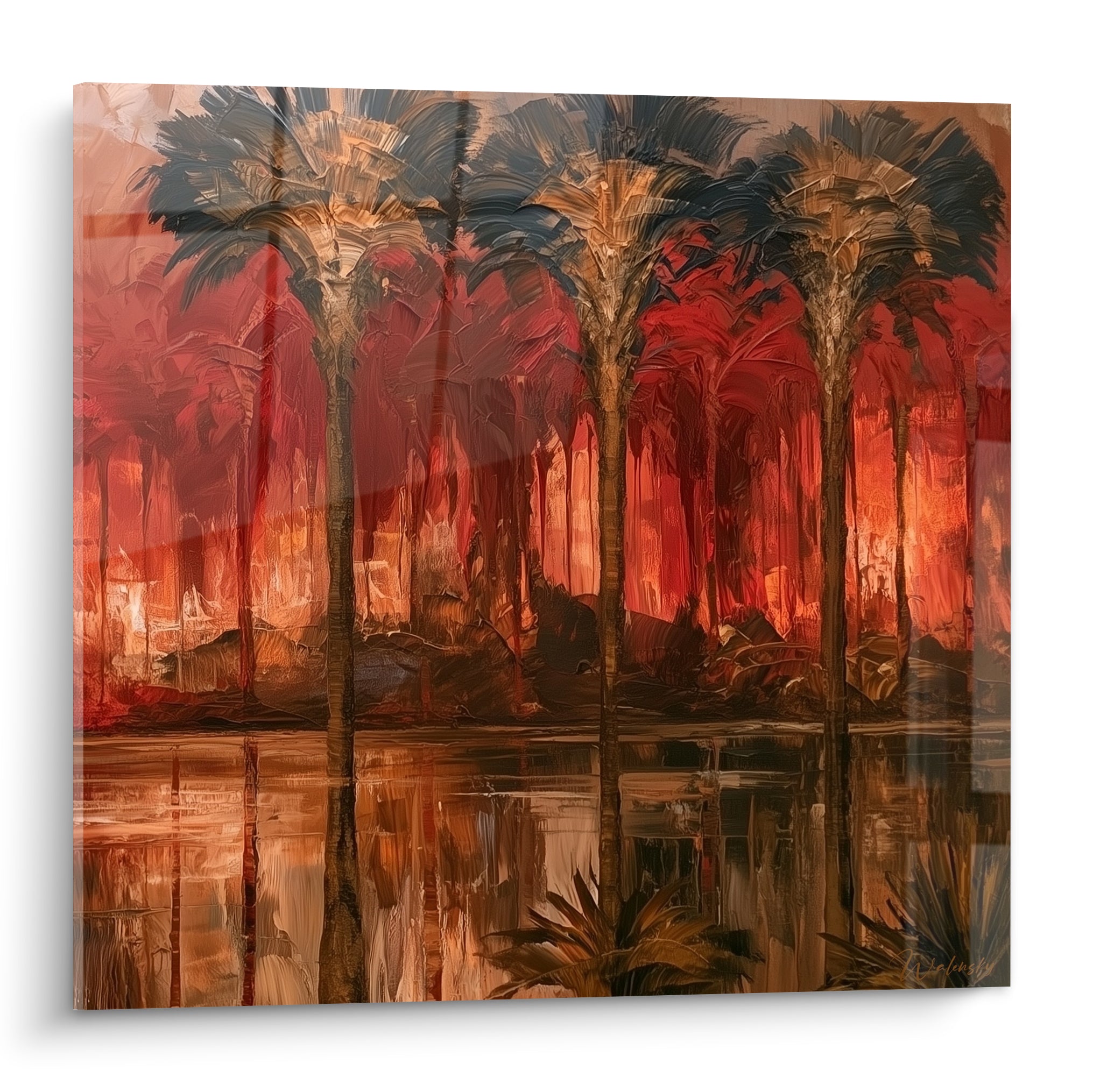 Palmiers rouge et bleu marine reflétés dans une eau calme, style peinture égyptienne flamboyante
