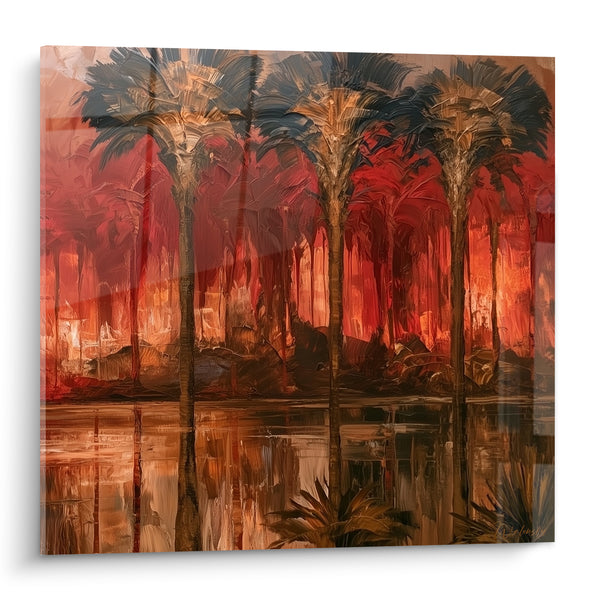 Tableau Palmiers rouge et bleu au bord du Nil - Braise du crépuscule - Edition egypte