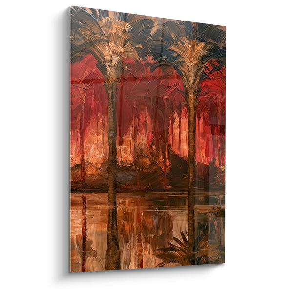 Tableau Palmiers rouge et ocre sur eau reflétée - Crépuscule au fil de l'eau - Edition egypte