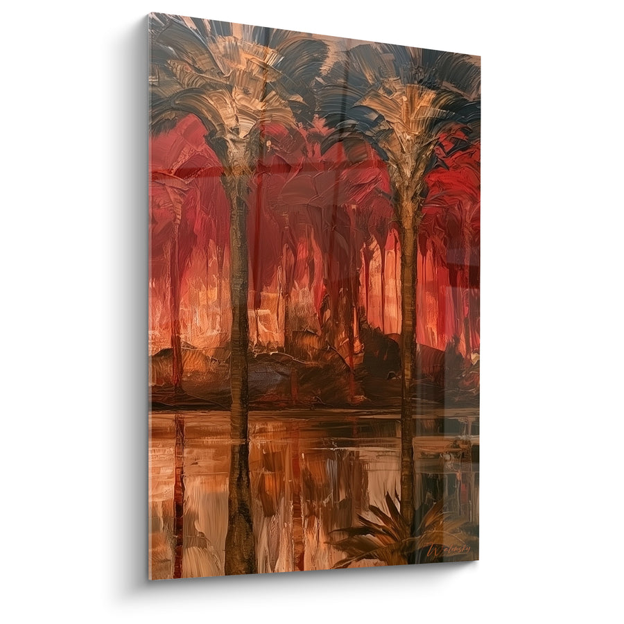 Tableau Palmiers rouge et ocre sur eau reflétée - Crépuscule au fil de l'eau - Edition egypte