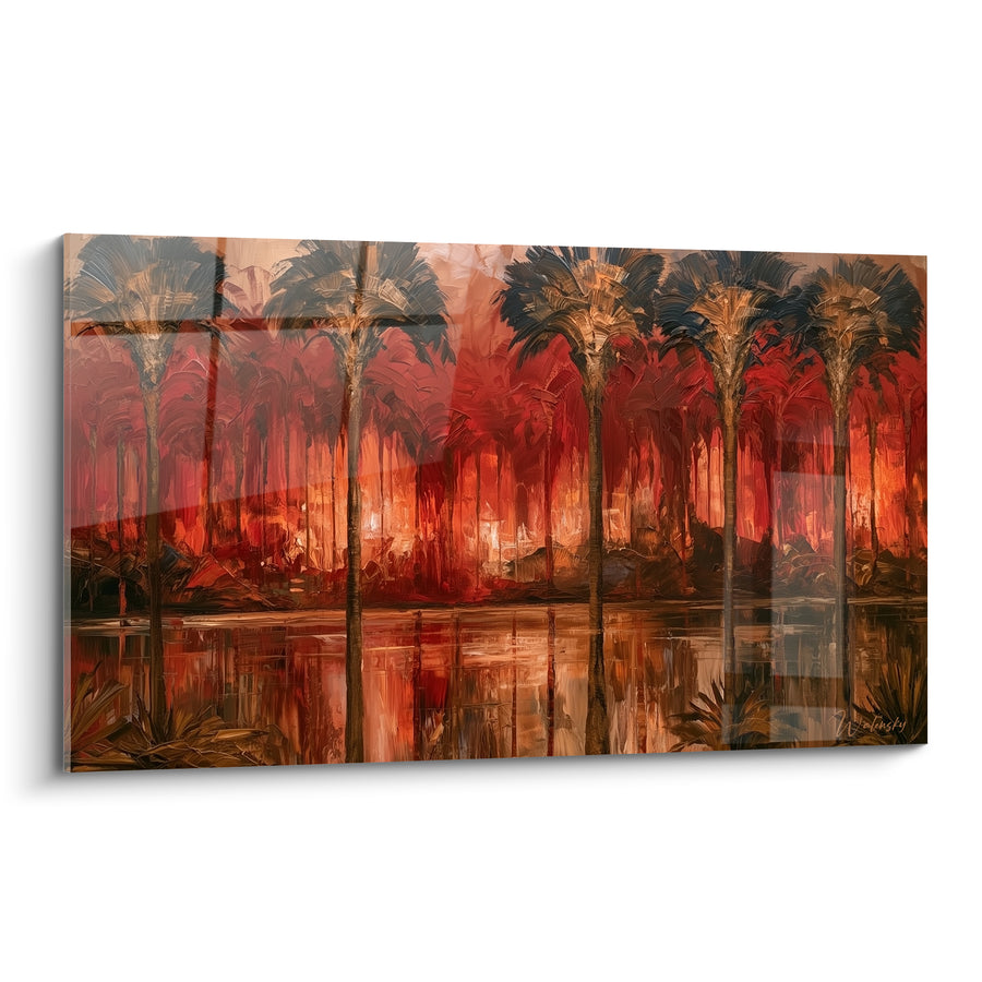 Tableau Palmiers rouges au bord d'une oasis - Braise du désert - Edition egypte