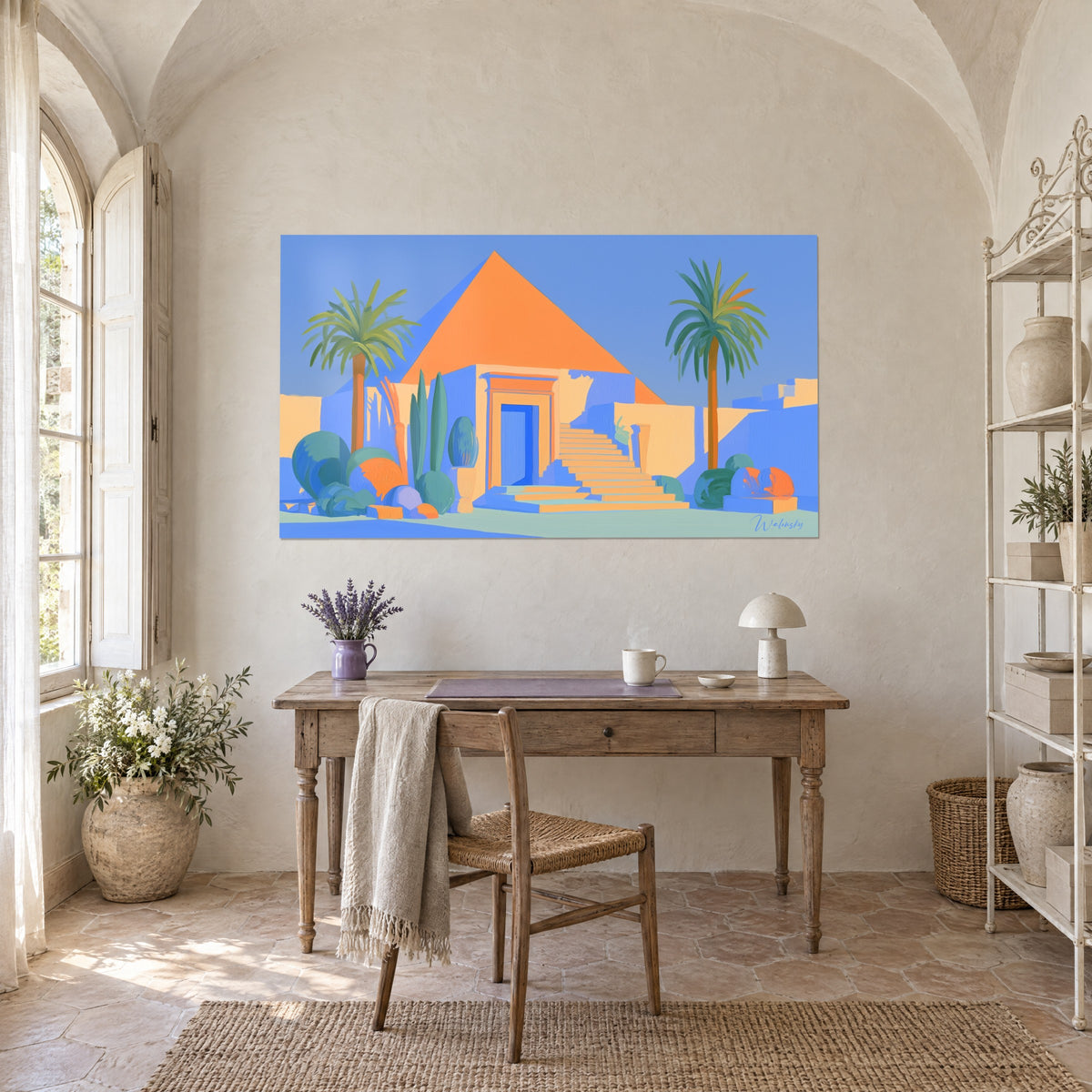 Wall art oil-painted pharaonic sanctuary, beige flights of steps, turquoise bushes and orange pyramid, wooden desk of the farmhouse