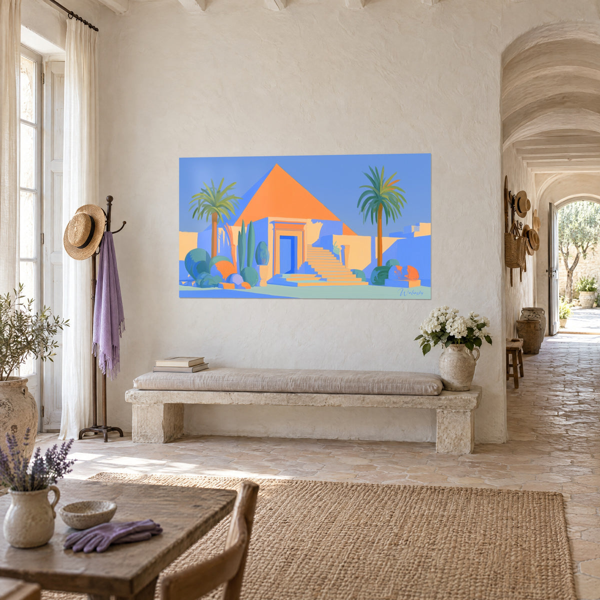 Wall art Egyptian temple with a blue door, sand-coloured steps and green cacti in front of an orange pyramid, vaulted corridor of the farmhouse