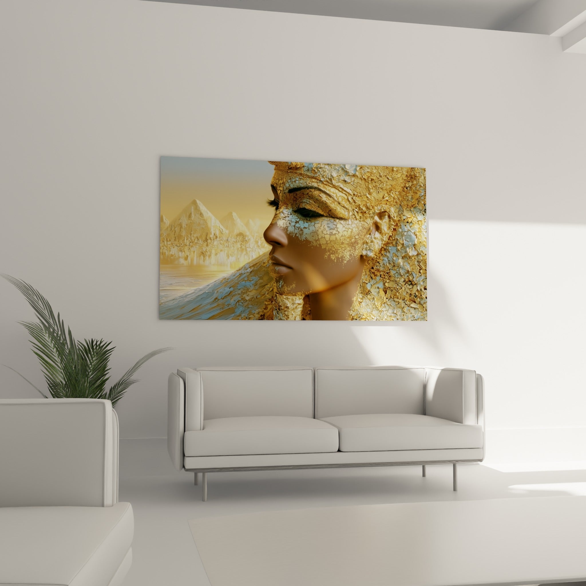 Portrait doré aux nuances ocre et bleues d'une reine égyptienne, au-dessus d'un canapé dans un salon lumineux