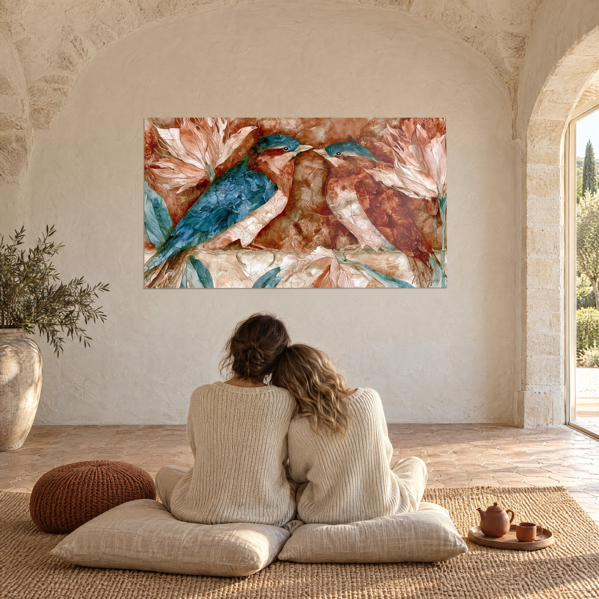 Tableau deux passereaux bleu acier et rose brique, fleurs froissées en relief, mur de pierre, couple enlacé sur coussins