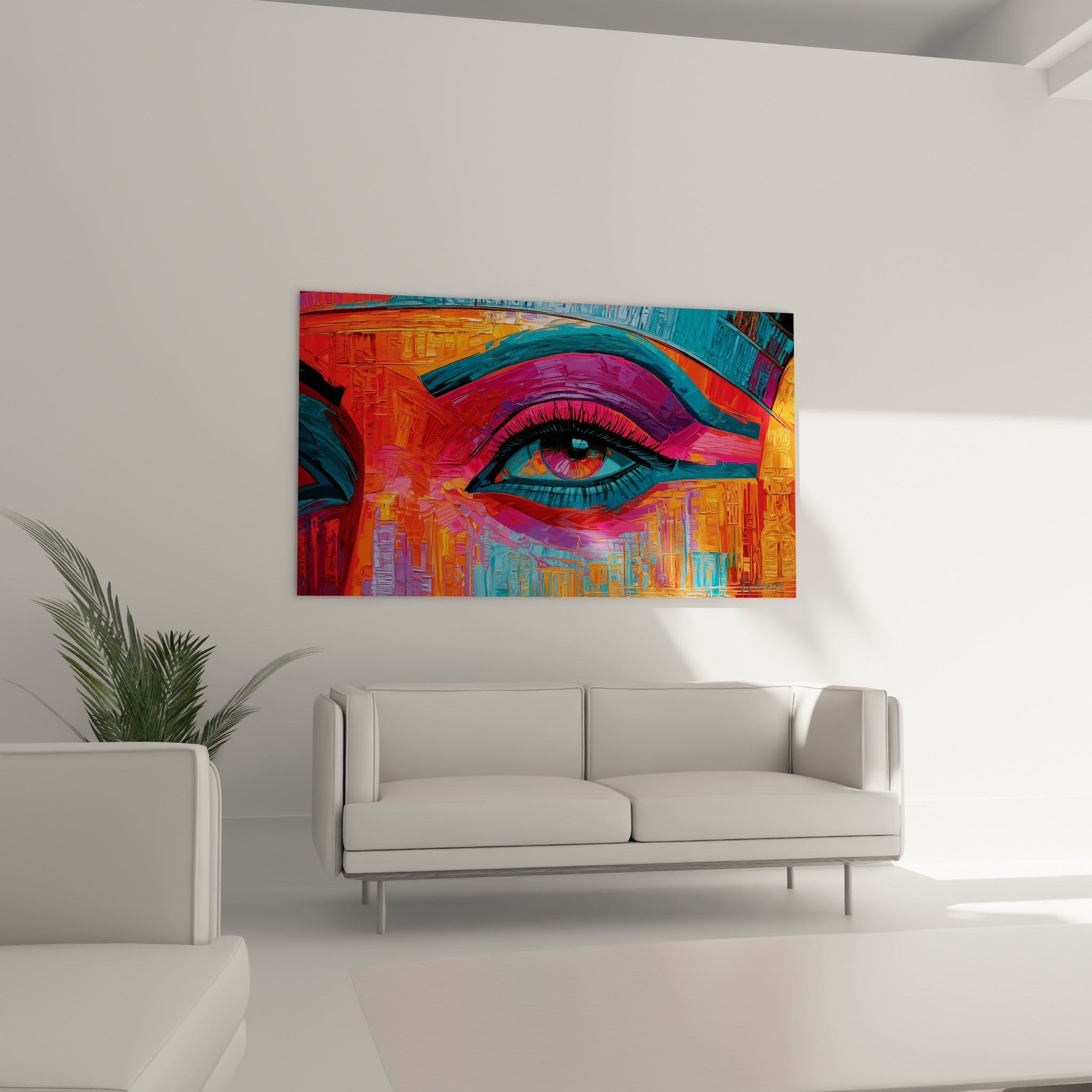 Paupière stylisée bleu turquoise et violet placée au-dessus d'un canapé dans un salon lumineux