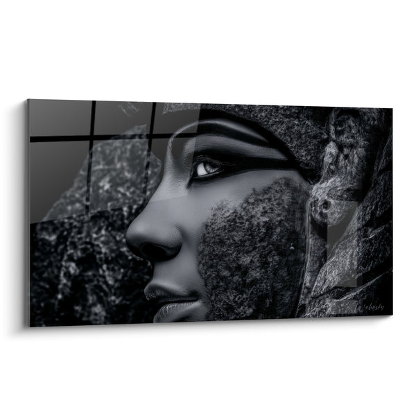 Tableau Visage noir et gris aux textures rocheuses - Quadrillage en surimpression - Edition egypte