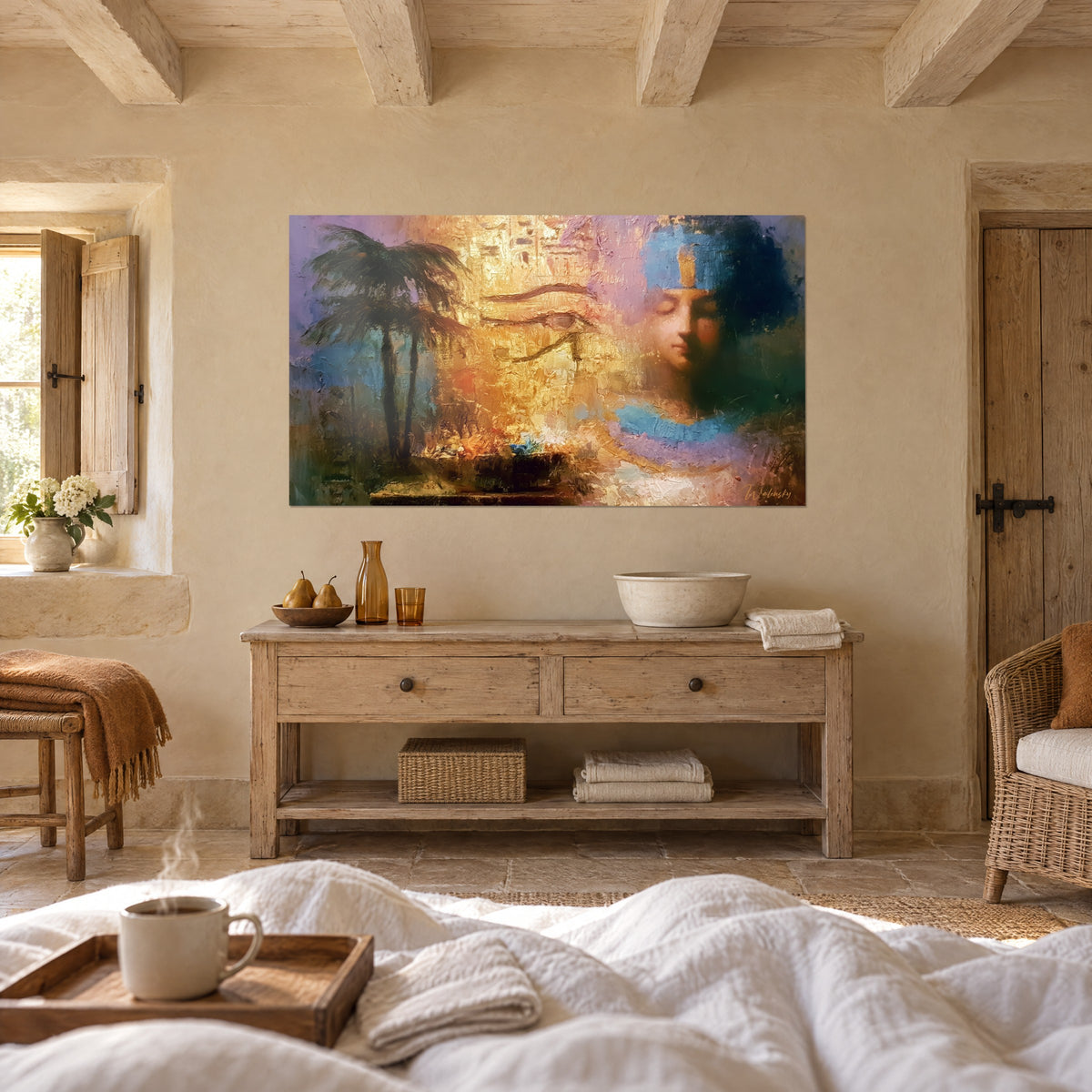 Quadro profilo di faraone con palpebre chiuse, copricapo azzurro cielo, geroglifici dorati, palme, sopra un letto in una camera luminosa