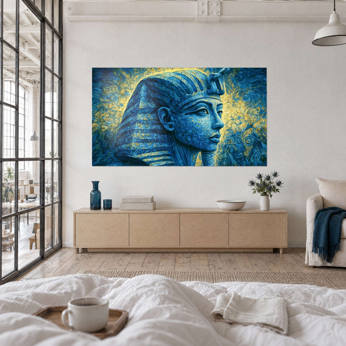 Cuadro soberano de Egipto esculpido en espirales azul marino y amarillo sol, serpiente real en la frente, encima de una cama en un dormitorio luminoso
