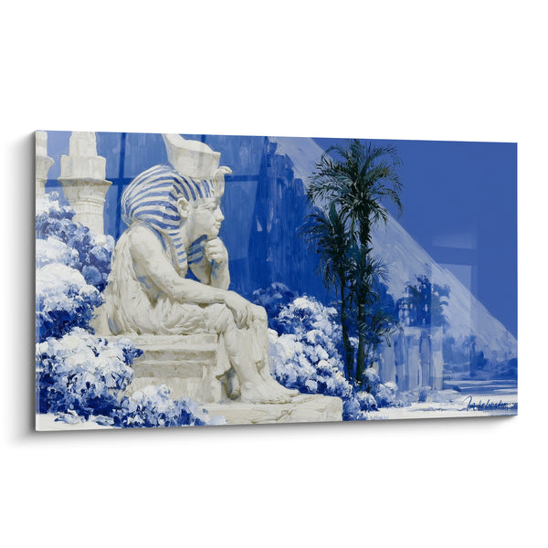 Tableau Statue pharaon blanc et bleu près d'un palmier - Buissons fleuris en pierre - Edition egypte
