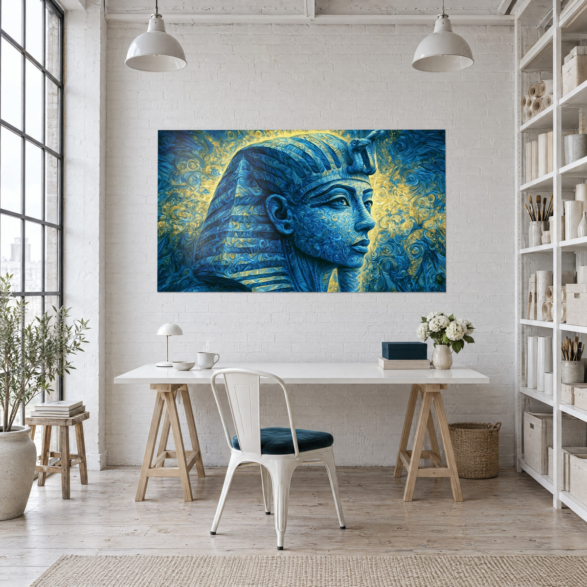 Cuadro esfinge de rostro sereno, tocado a rayas azul azur y aureola de remolinos dorados, encima de un escritorio de madera clara