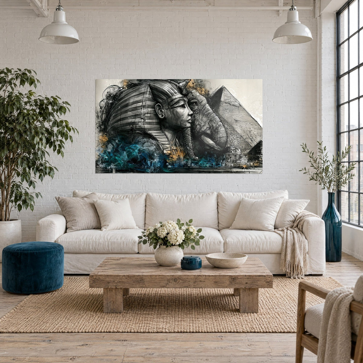 Wall art pharaoh in impassive profile, grey elephant and pyramid, turquoise blue and gold splashes, above a sofa in a bright living room