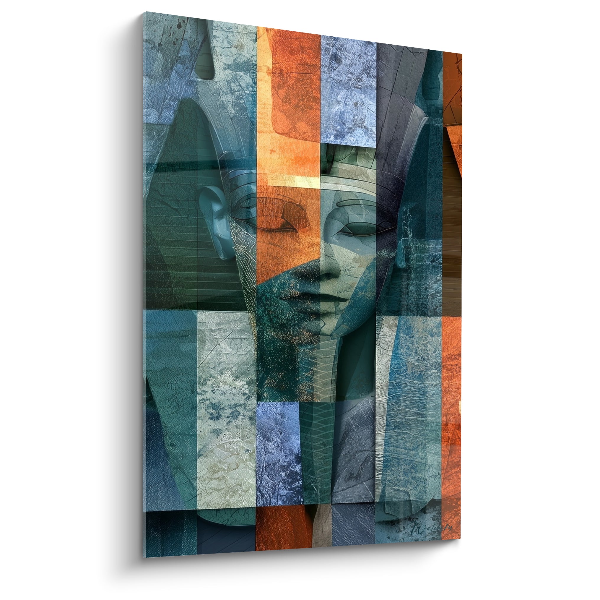 Pharaon égyptien en collage bleu ardoise et orange terracotta, visage serein aux yeux mi-clos