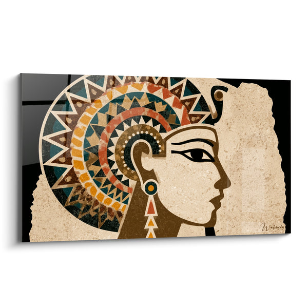Tableau Profil pharaonique beige et noir sur pierre effritée - Coiffe géométrique en éventail - Edition egypte