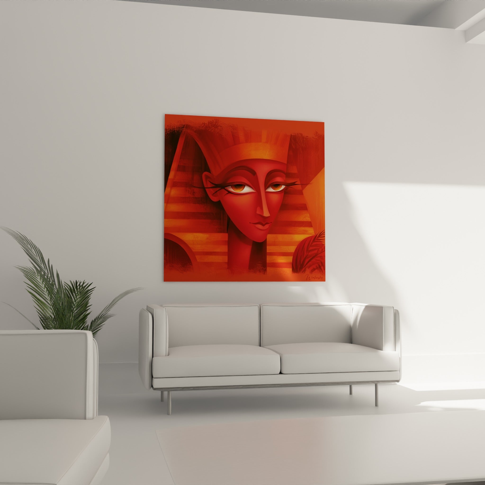 Visage hiératique rouge et orangé du pharaon suspendu au-dessus d'un canapé dans un salon lumineux